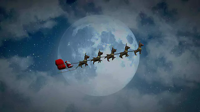 Santa Claus flying through clouds animation