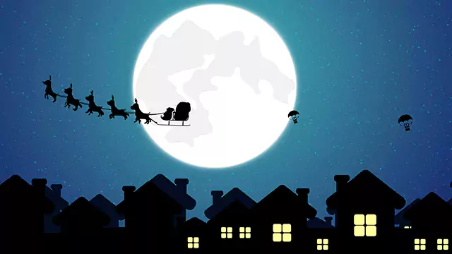 Santa Claus flying and distributing gifts